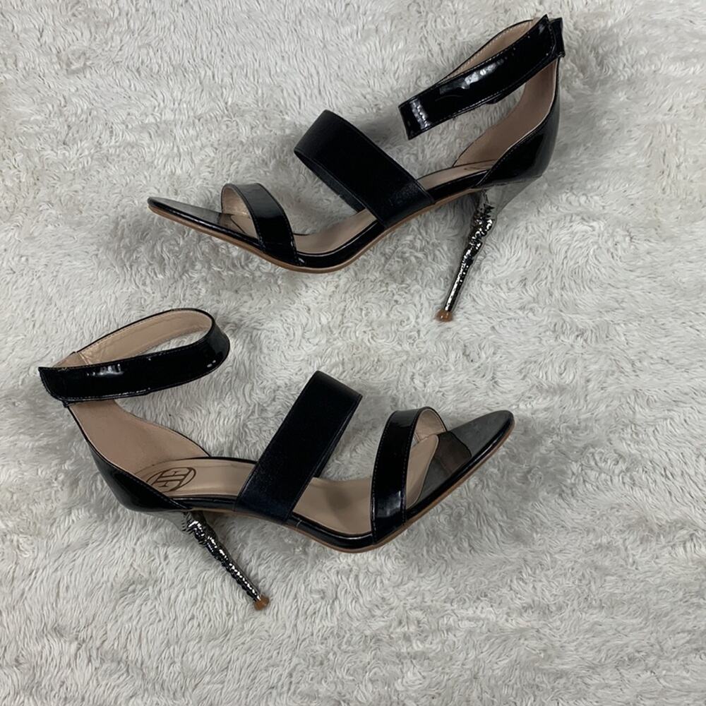 Little Empresses black stiletto and silver heel‎ strappy sandals, size 39 or 8